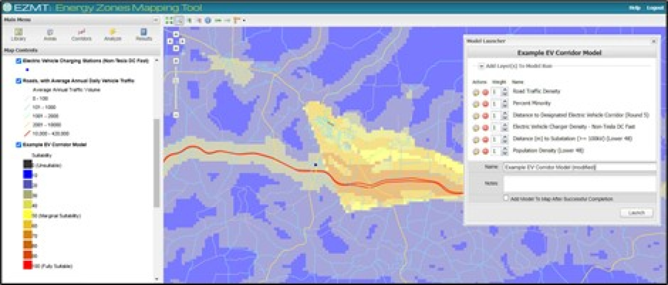 Energy Zones Mapping Tool interface with an example EV corridor model dialog, and model results superimposed with vehicle traffic and existing Non-Tesla DC Fast charging stations. This model is designed to identify urban areas close to substations and designated alternative fuel corridors, with high road traffic, moderate density of existing charging stations, and with a high minority population percentage.