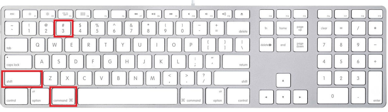 A photograph of a Macintosh computer keyboard with highlighted rectangles around the Shift, Command, and 3 buttons to identify how to take a screenshot.