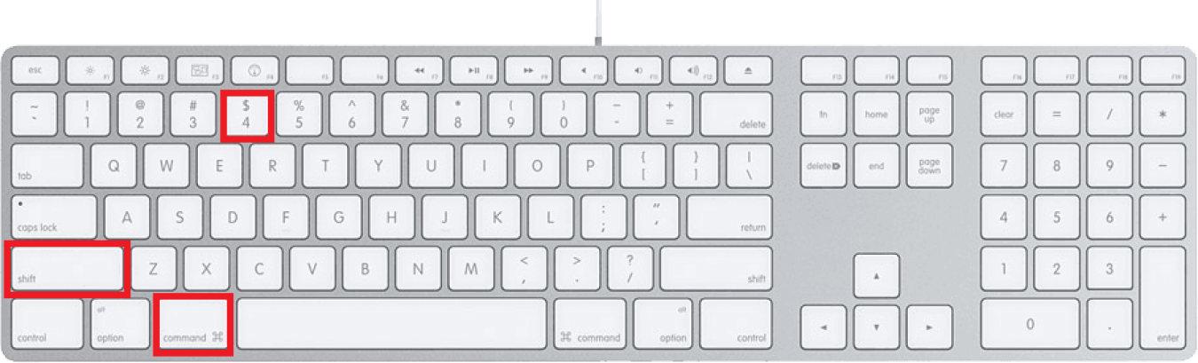 Image of a Macintosh computer keyboard with highlighted rectangles over the Shift, Command, 4 buttons to indicate how to take a screenshot of a portion of the screen.