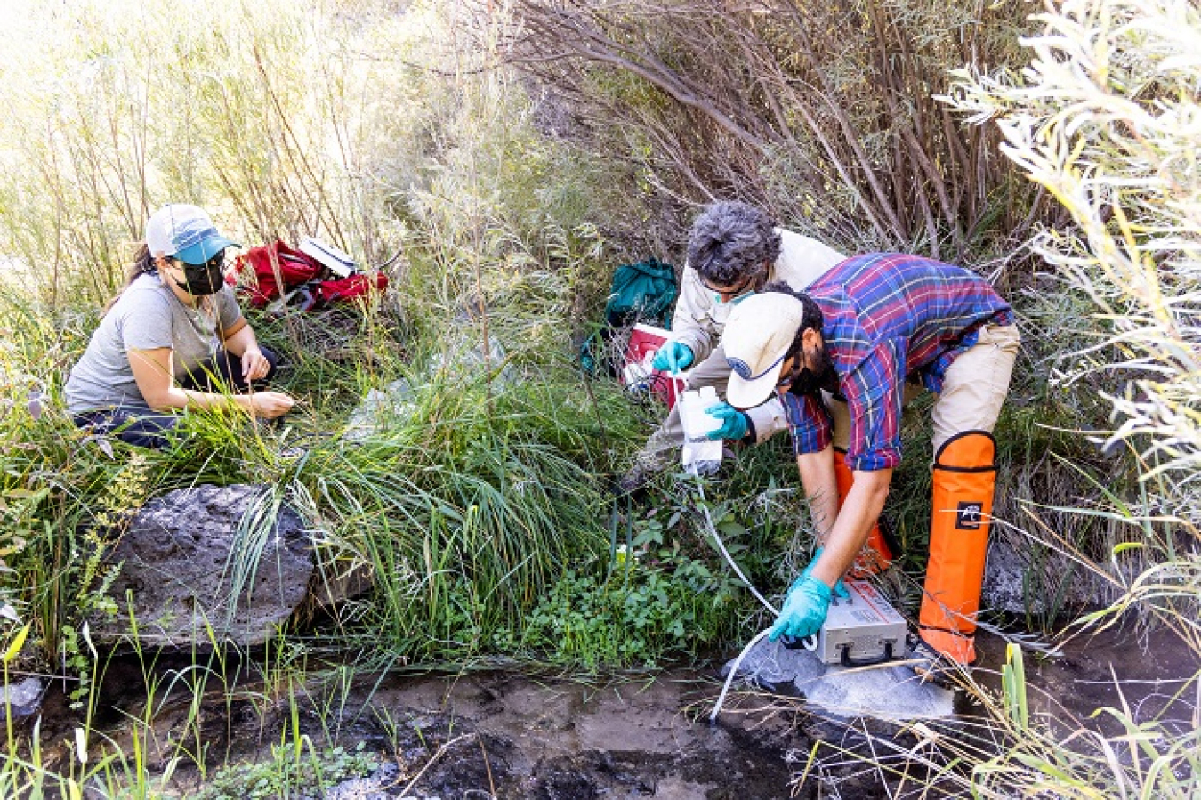 Crew members with Newport News Nuclear BWXT-Los Alamos don snake gaiters to protect themselves against potential rattlesnake bites as they collect water samples at a spring along the Rio Grande for analysis.