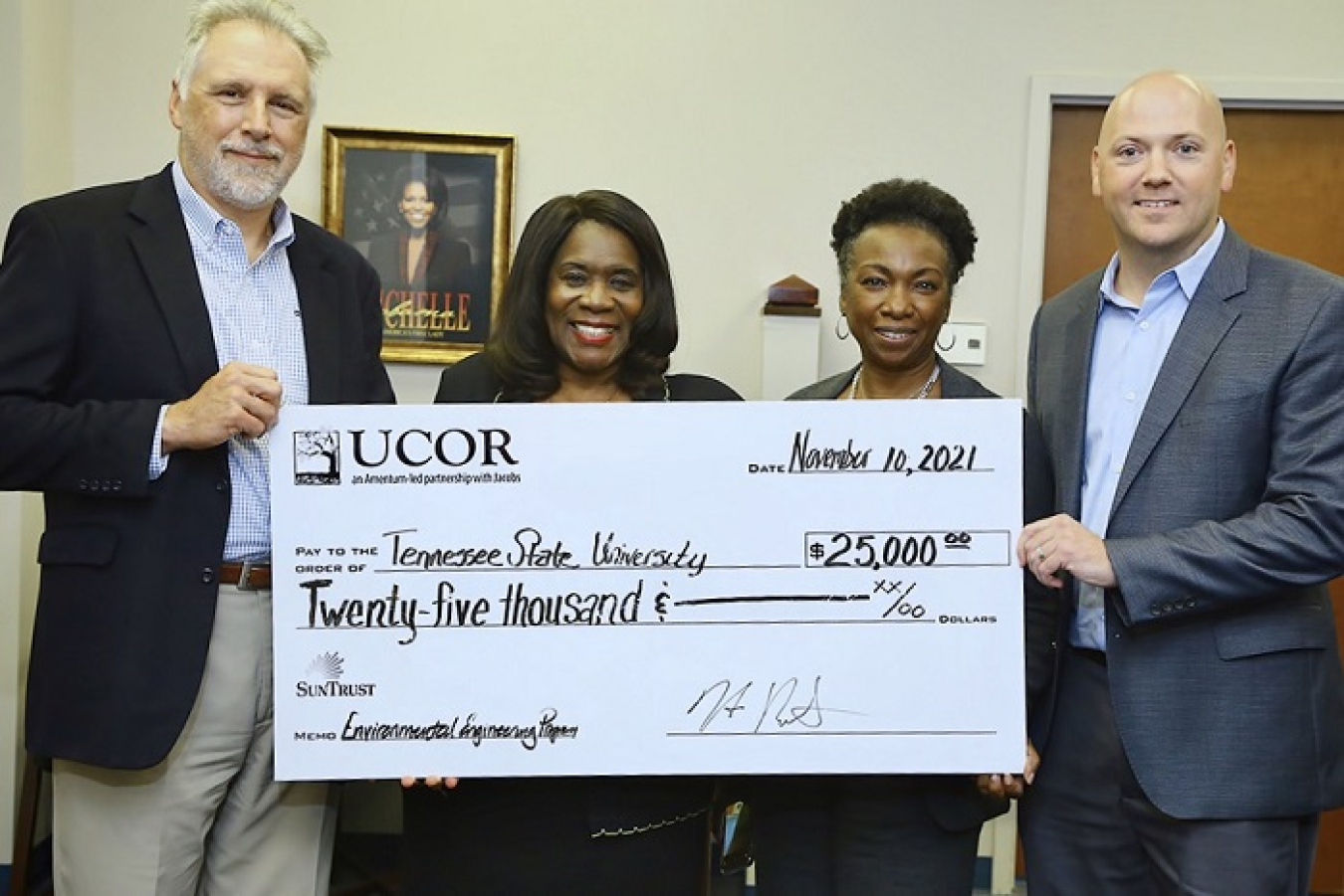 UCOR officials visited Tennessee State University (TSU) to present a $25,000 donation to the university to help fund education and training for engineers. Pictured from left are Ken Rueter, UCOR president and CEO; TSU President Glenda Glover; Sonya Johnson, UCOR communications, community, diversity, and workforce development programs manager; and Joe Aylor, UCOR chief of staff.