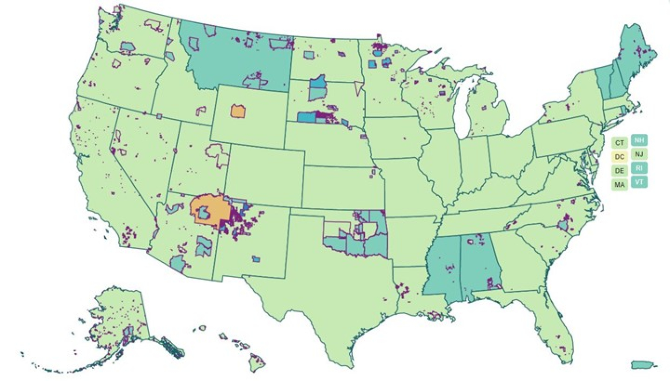 A map of the United States, including tribal community borders.