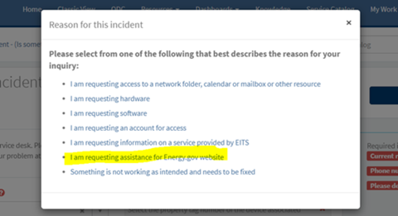 Screenshot of 'Reason for incident' modal in DOE DAYS