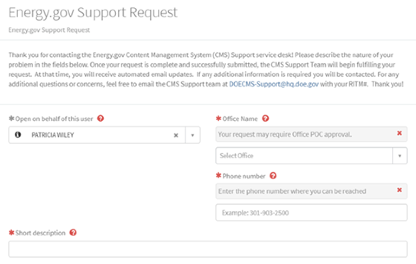 Screenshot of the DAYS Energy.gov Support Request Form