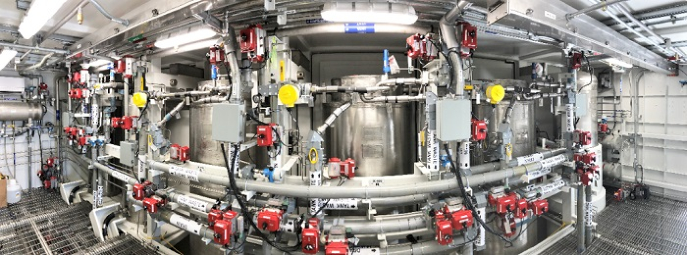 A bird’s eye view inside the Tank-Side Cesium Removal (TSCR) system’s process enclosure. Construction and readiness assessments are complete, and in just a few months, TSCR is scheduled to begin treating waste.