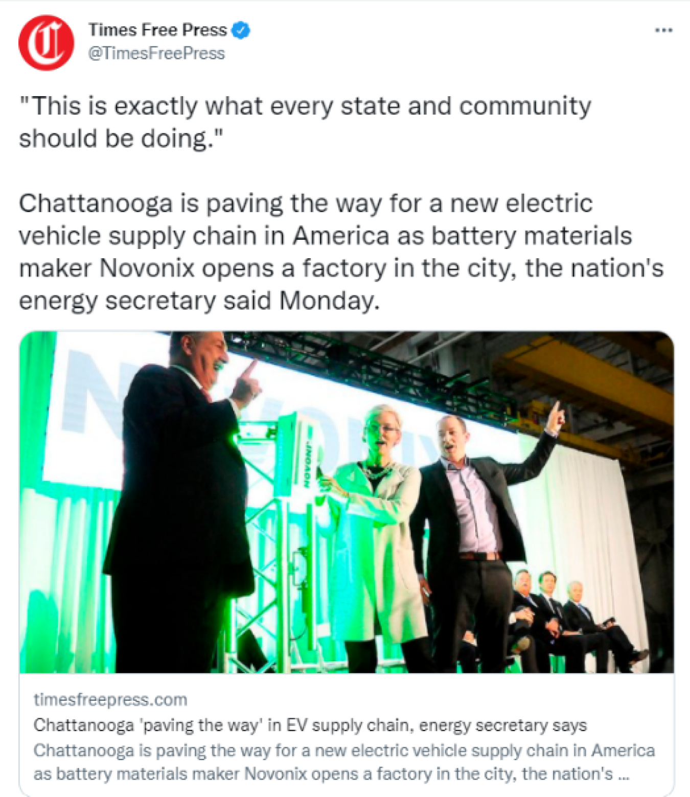 Times Free Press: "This is exactly what every state and community should be doing." Chattanooga is paving the way for a new electric vehicle supply chain in America as battery materials maker Novonix opens a factory in the city, the nation's energy secretary said Monday.
