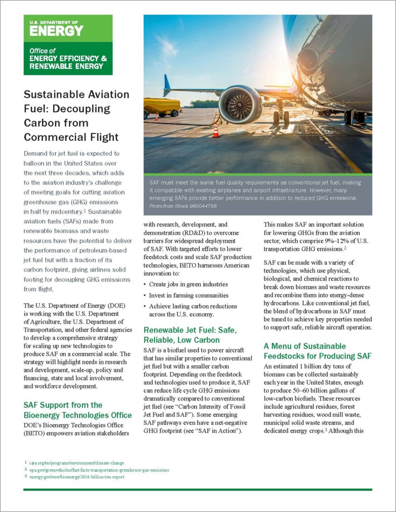 Screenshot of Sustainable Aviation Fuel: Decoupling Carbon from Commercial Flight Fact Sheet