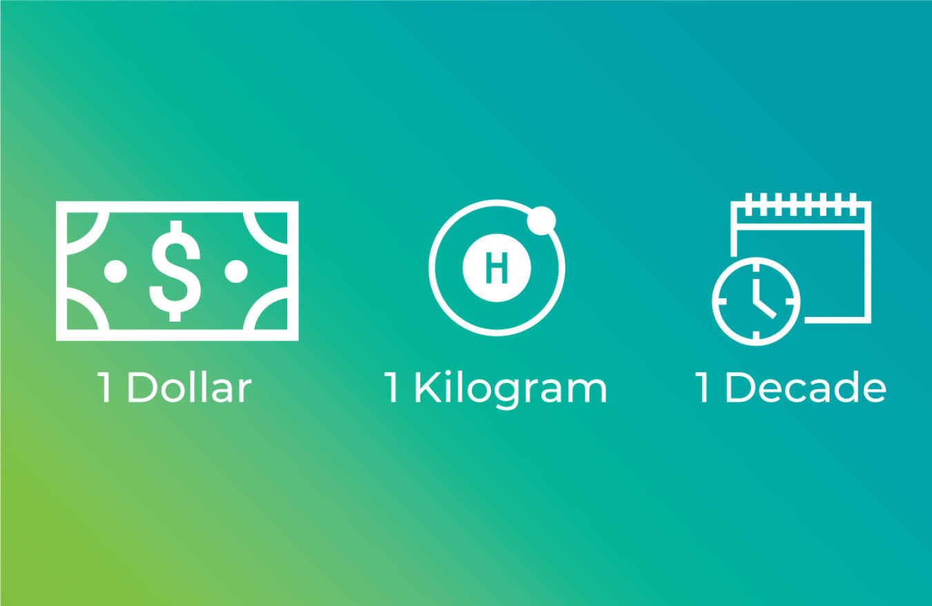 Icons for 1 dollar, 1 kilogram hydrogen, and 1 decade