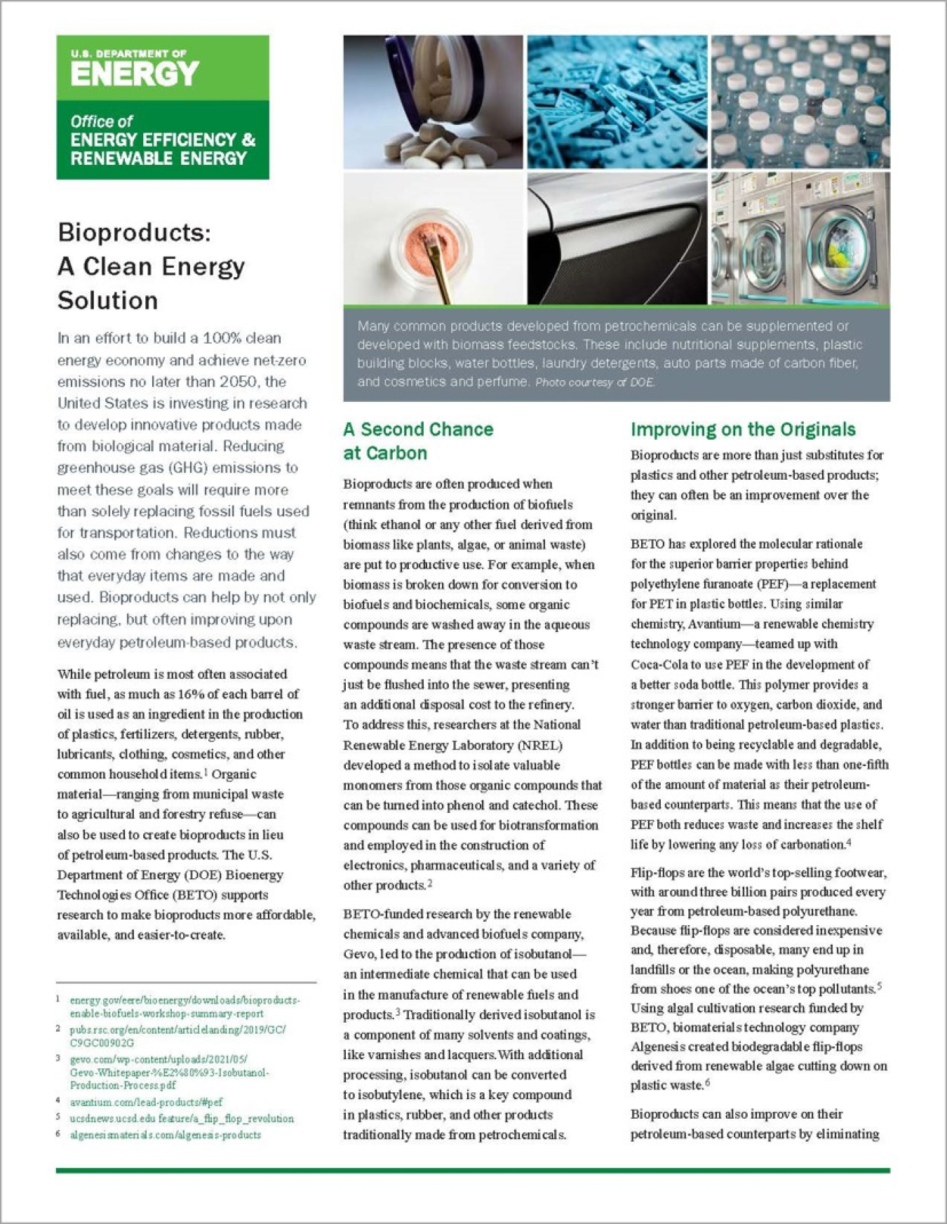 Screenshot of the Bioproducts: A Clean Energy Solution Fact Sheet