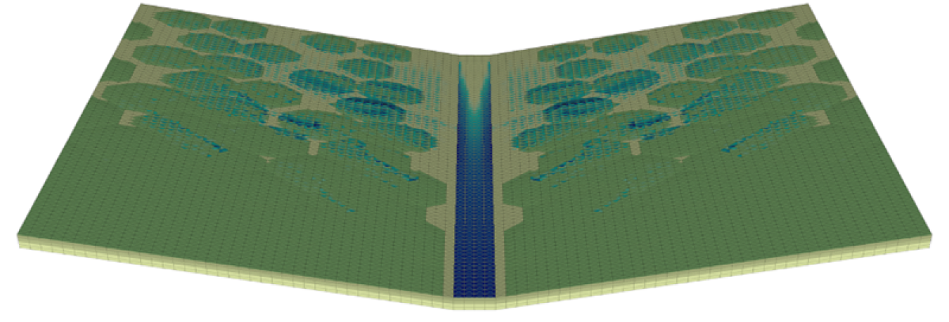 A sample simulation showing a polygonal landscape with variable vegetation cover (green) and surface water (blue) during a rainstorm. The porous, organic-rich soil beneath the vegetation can store a large amount of water, changing the flow of water.