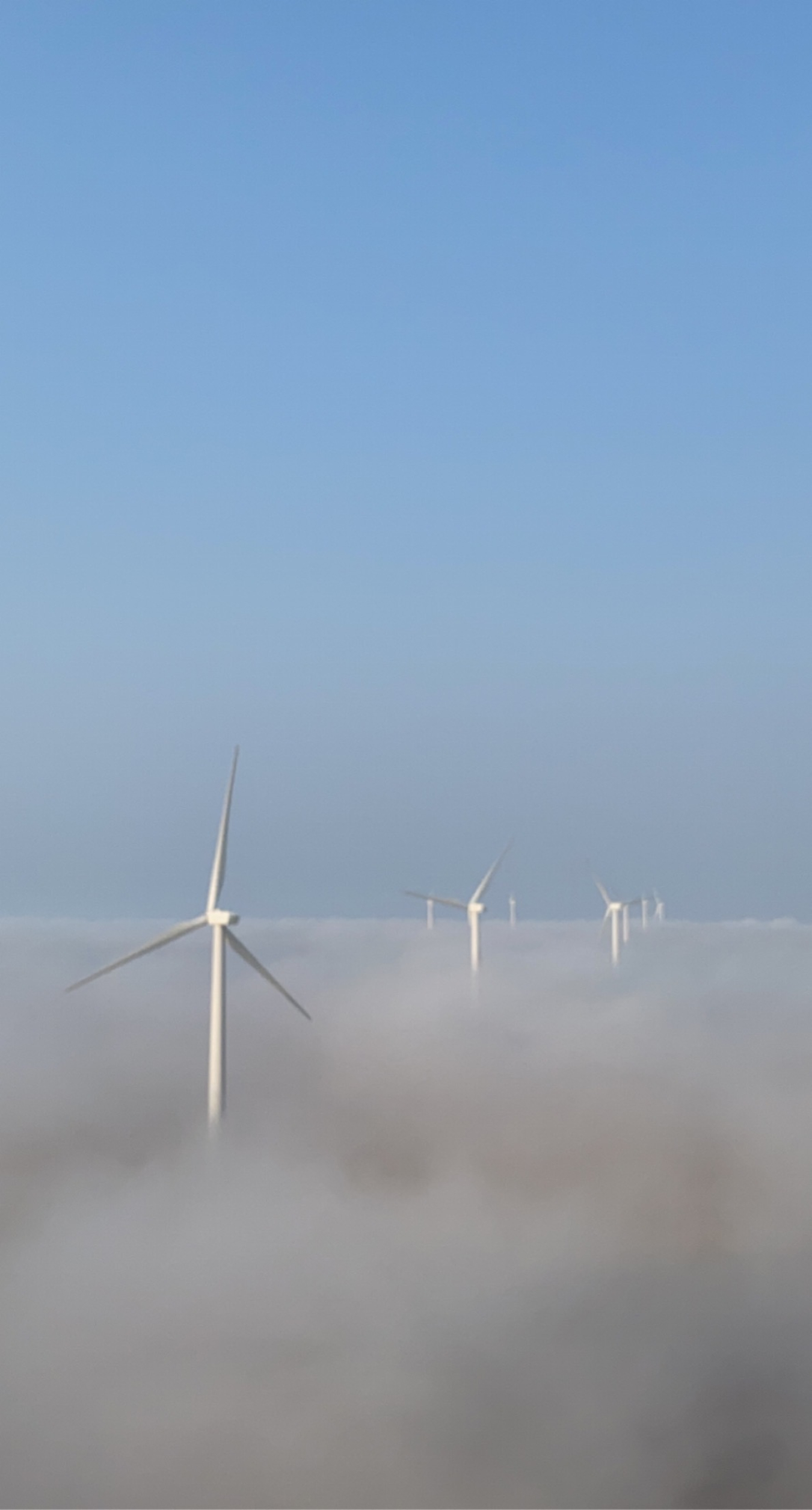 The tops of wind turbines visible above clouds.