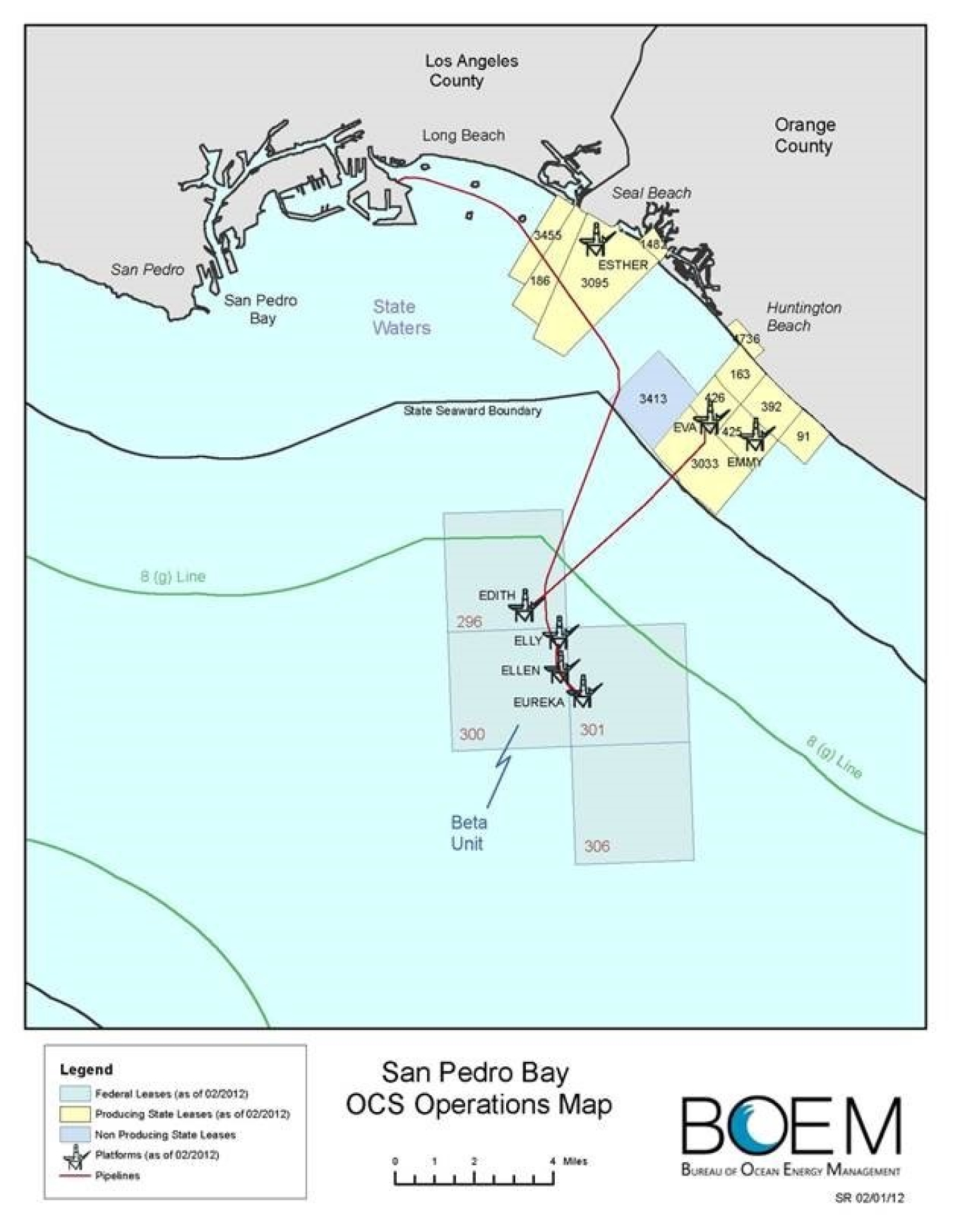 The maroon lines in the center of the graphic indicate the location of pipelines in southern California, the location of a recent oil spill