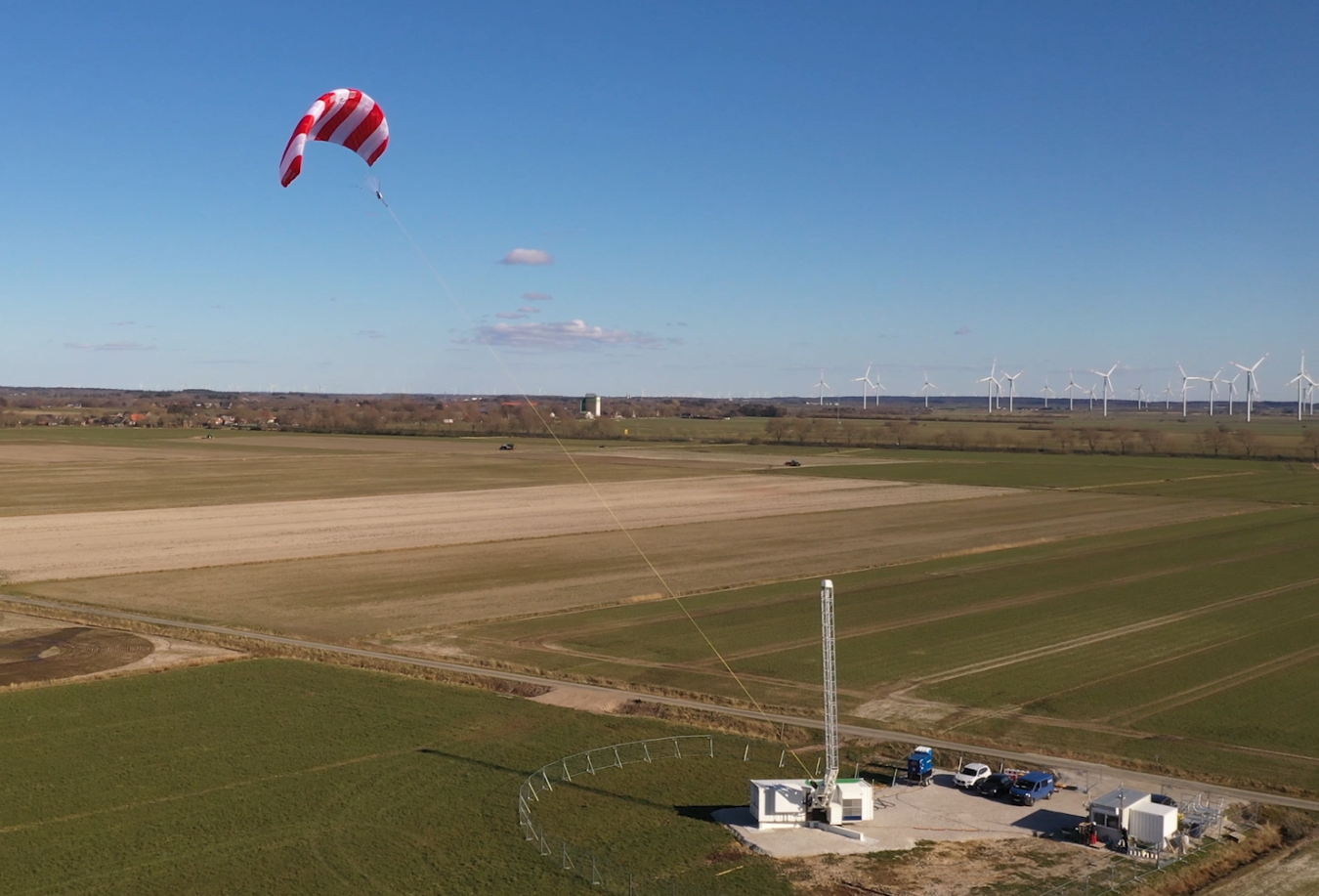 Aerial view of the SkySails airborne wind energy system.