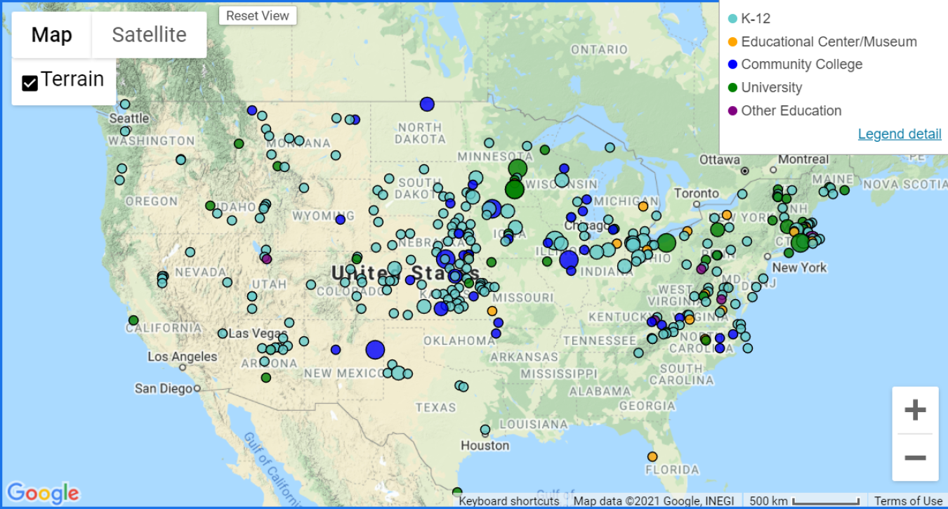 Visit the WINDExchange portal to see an interactive map detailing the Wind For Schools project locations to date at https://windexchange.energy.gov/windforschools/projects. 