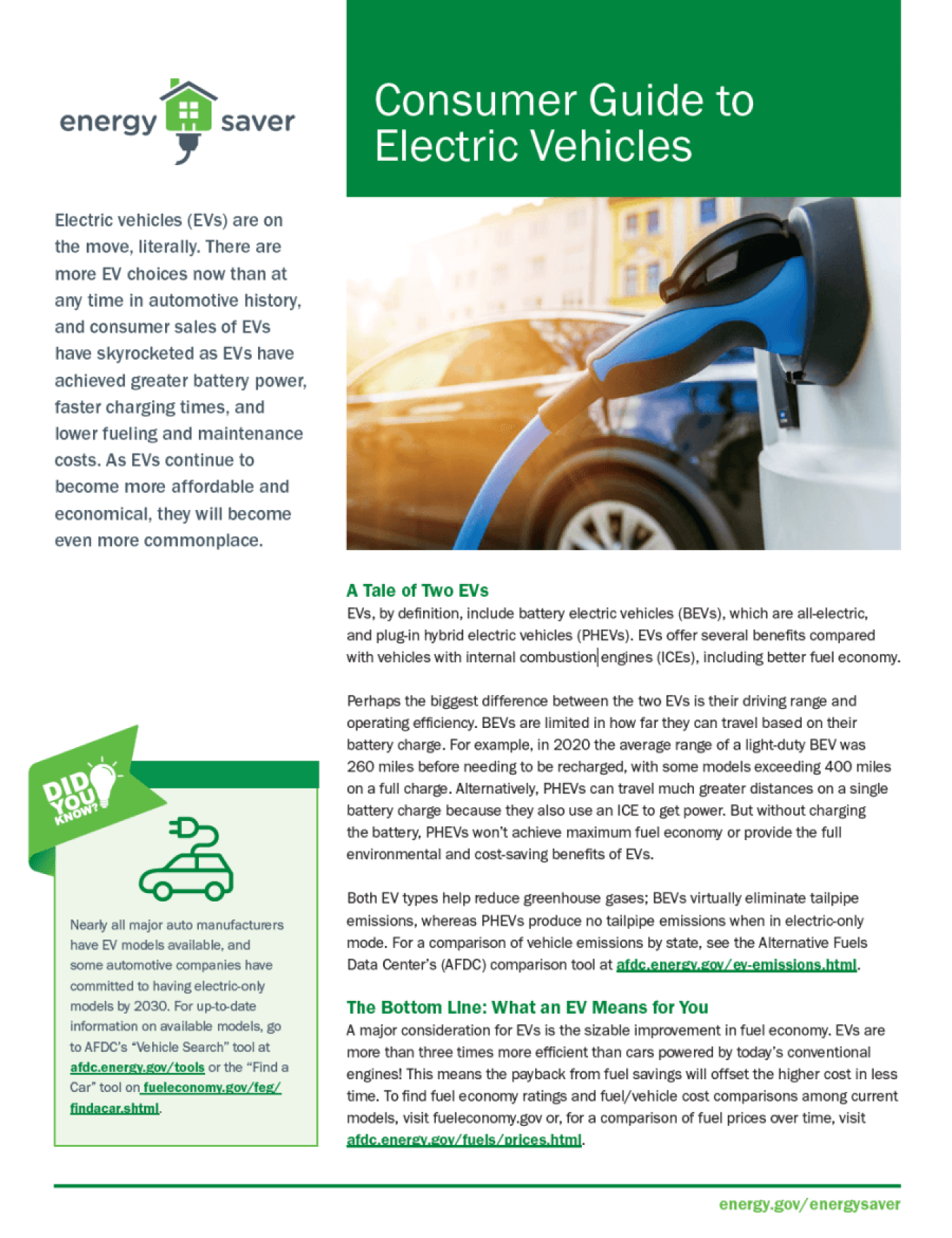 Thumbnail of the Consumer Guide to Electric Vehicles fact sheet.