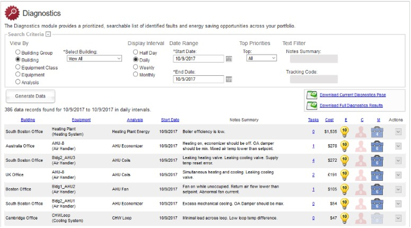 Screenshot of the Diagnostics module, which provides a prioritized, searchable list of identified faults and energy saving opportunities across your portfolio