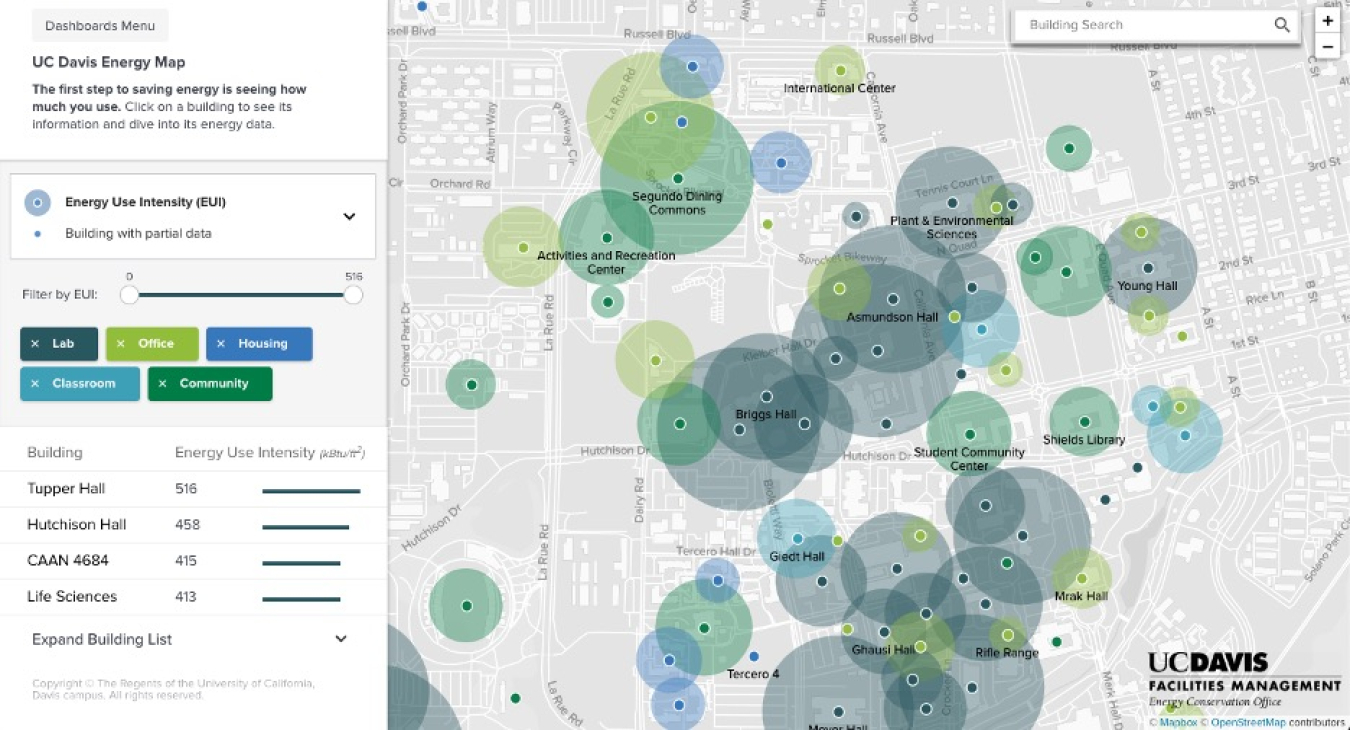 Data visualization of street-level energy use map with dots indicating buildings 