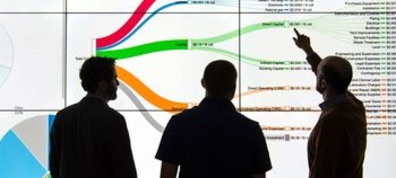 Researchers discuss the CatCost Catalytic Materials estimation tool in front of a large screen.