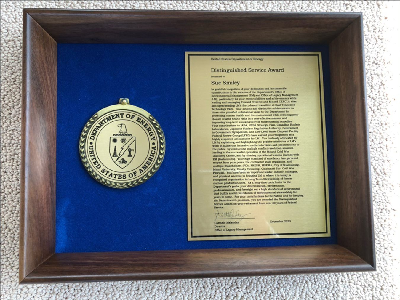 Sue Smiley’s Distinguished Service Award from DOE.