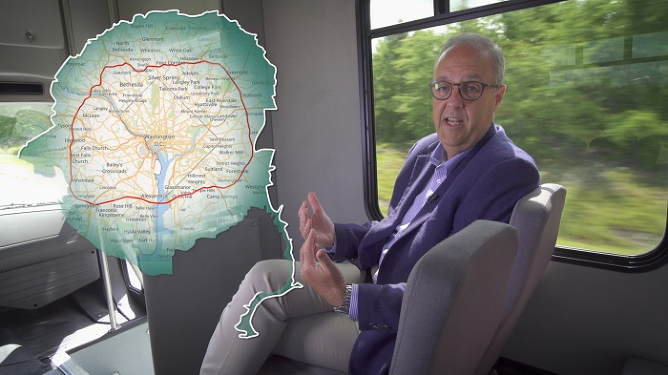 In a still photo from the Savannah River Site (SRS) virtual tour, Tour Program Coordinator Bob Bonnett points out that SRS is larger in area than greater Washington, D.C.
