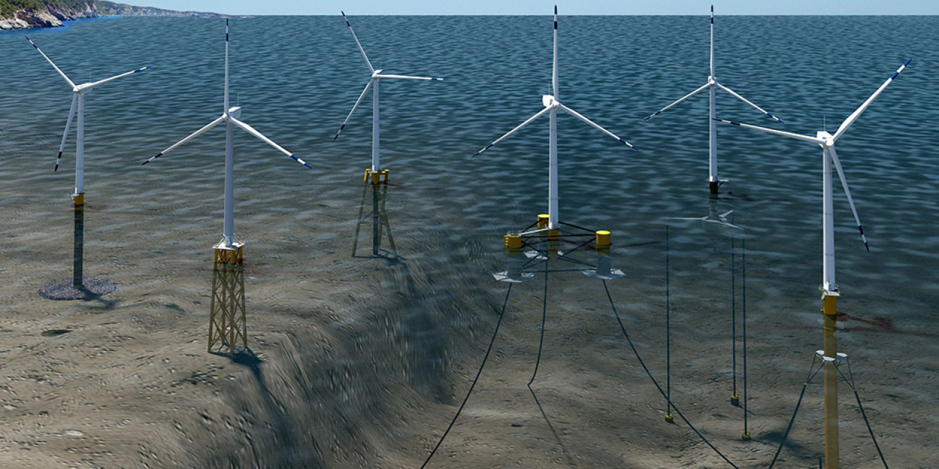 An illustration of offshore wind turbines in the ocean.