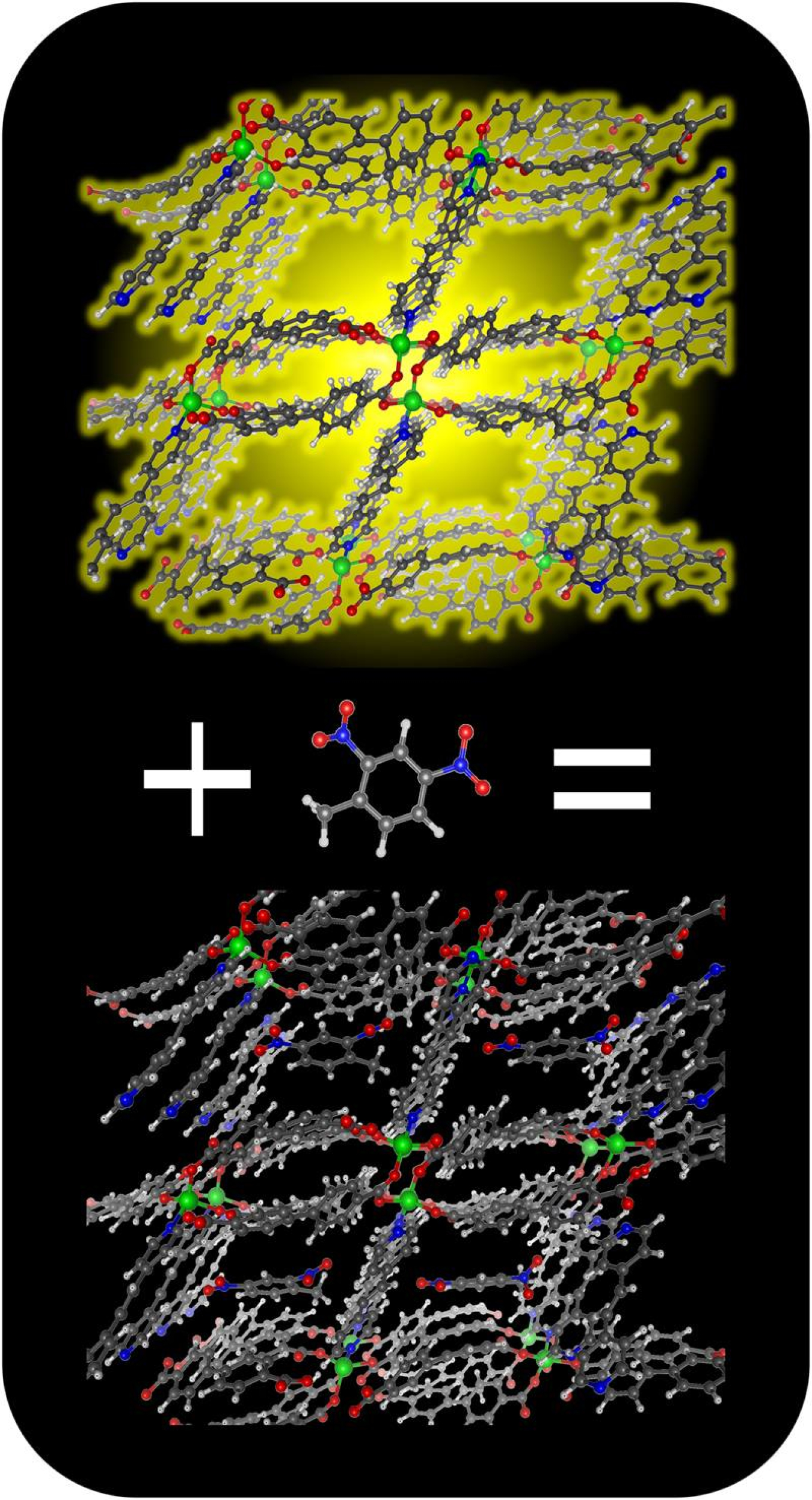 The light from a fluorescent metal organic framework (top) is quenched when the porous material captures explosive molecules (bottom). 