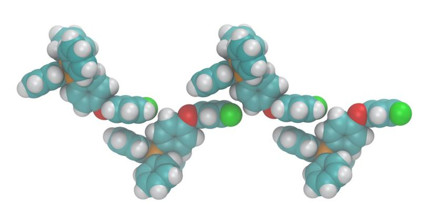 Simulation of a fluorinated salt demonstrating cation alignment. Addition of electronegative fluorine atoms (green) leads to alignment with electropositive phosphorous centers (orange) in the solid phase causing interactions that lower the melting point.