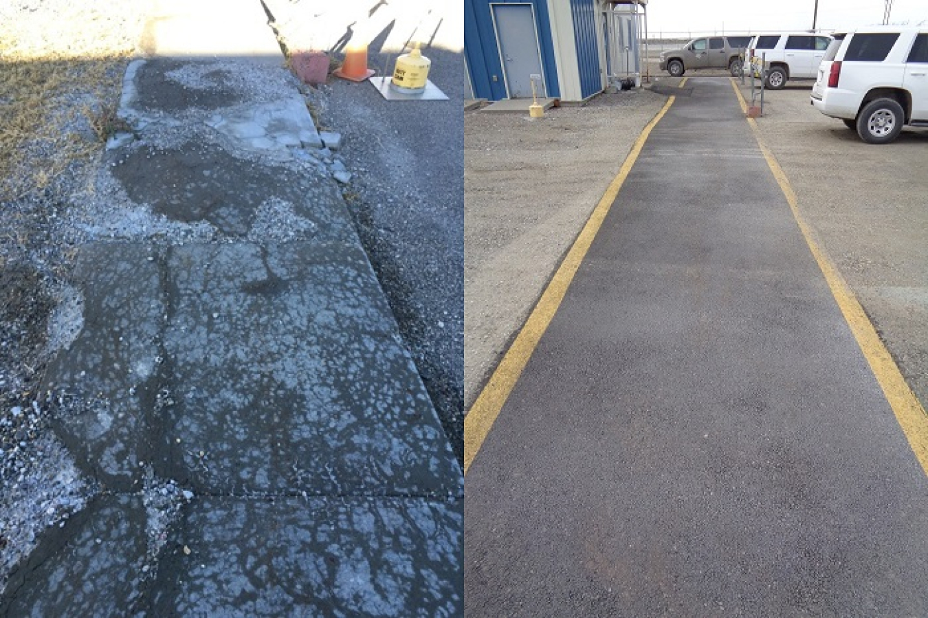 Before-and-after views show a walkway outside the Chemical Processing Plant-1671 that received new asphalt as part of infrastructure improvements at the Idaho Nuclear Technology and Engineering Center.