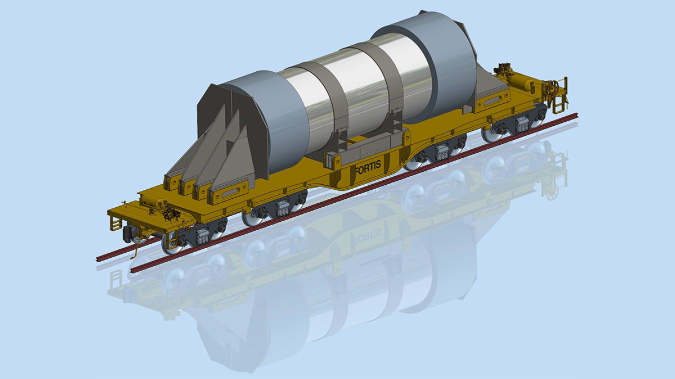 Graphical rendering of Fortis railcar design with spent nuclear fuel cask.