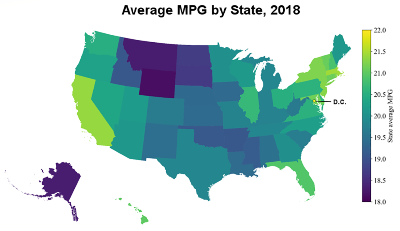 Map of the United States showing average miles per gallon by state in 2018