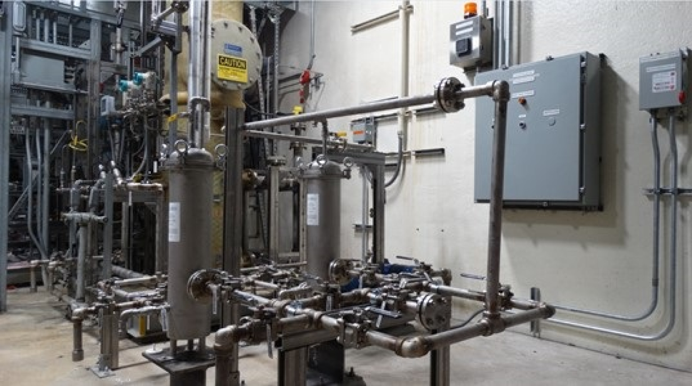 A closeup of a backup scrubber with new pipes in Paducah’s Process Offgas System, one of several modifications EM’s Depleted Uranium Hexafluoride Conversion Project made to improve safety and reliability in the past year.