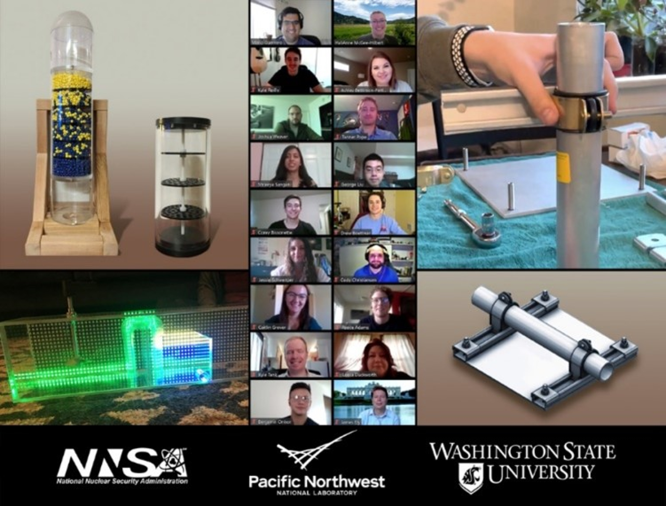 Washington State University students delivered two nonproliferation projects: props used in safeguards training courses on nuclear fuel reprocessing, left, and a mounting bracket for a new online enrichment monitor the IAEA could use.