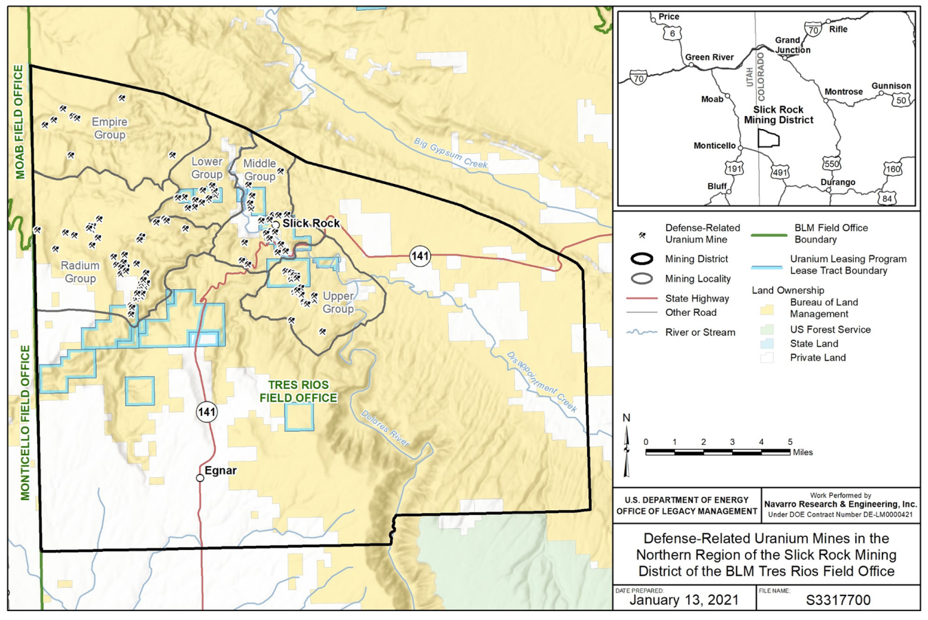 Regional map of the DRUM mines in the Northern Slick Rock Mining District, Colorado.