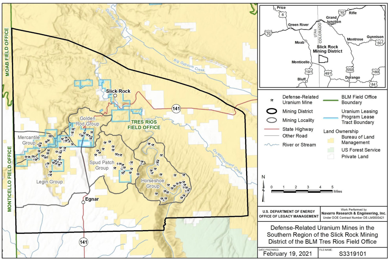 Regional map of DRUM mines in the Southern Slick Rock Mining District, Colorado.
