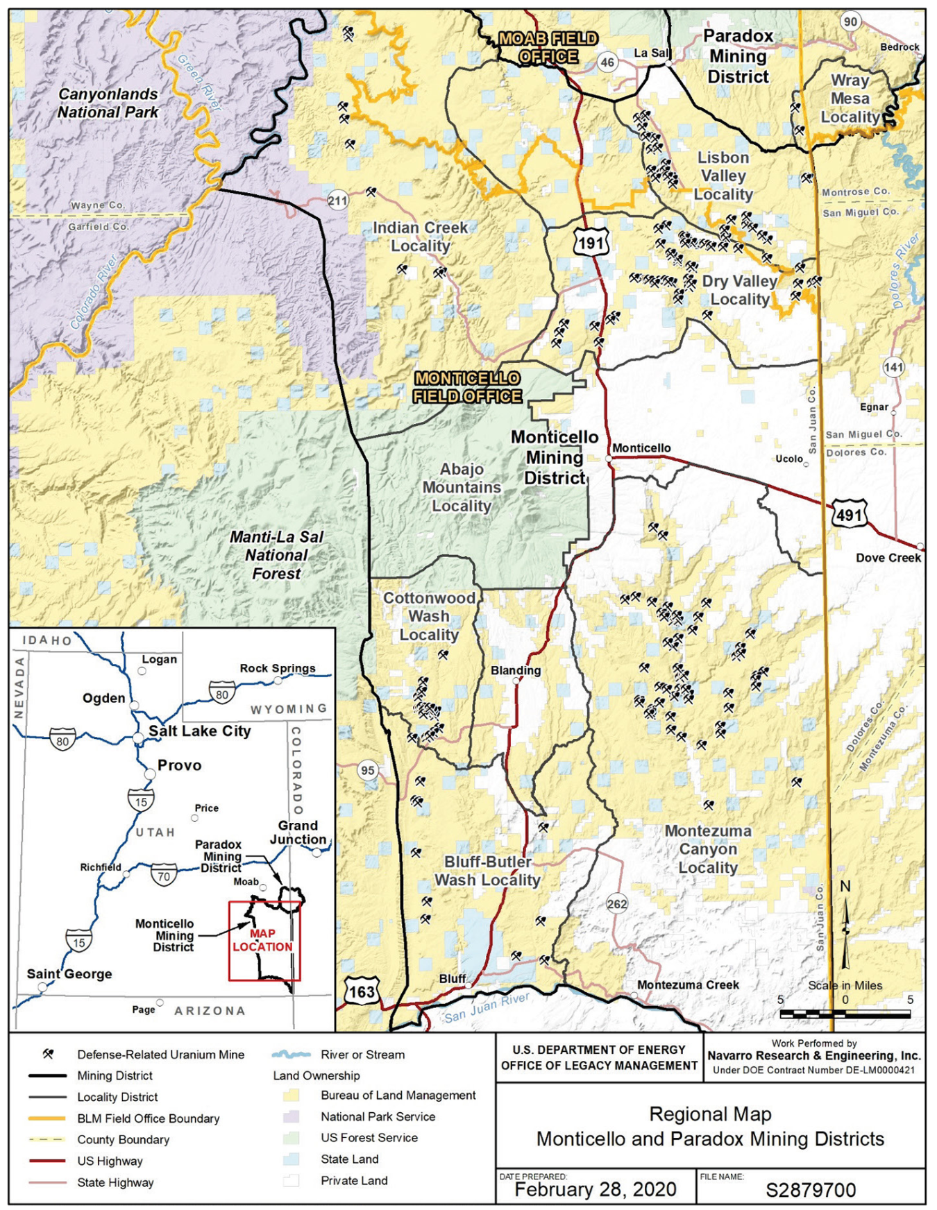 Regional map of the Monticello Project DRUM mines and Associated Mining Districts and Localities, Utah.