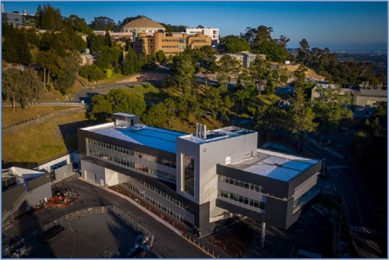 Aerial Photograph of the Integrated Genomics Building with the Advanced Light Source historic dome in the background.