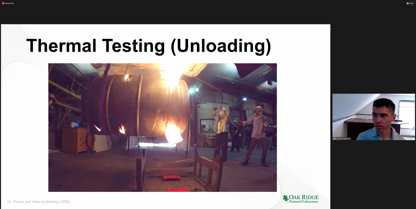 Oscar Martinez, program manager for ORNL's Package Testing Program, shows video of thermal testing to Paula Kerr's seventh-grade Spanish class at Oak Ridge's Jefferson Middle School.  