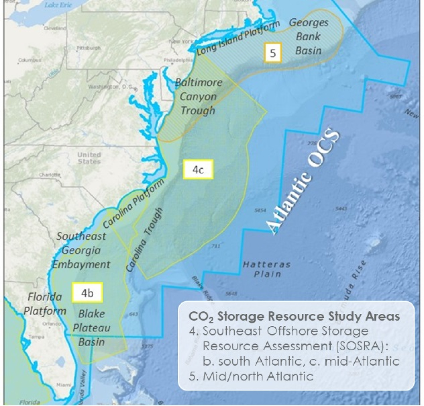 Study areas of DOE-funded projects to assess CO2 storage resource offshore the Atlantic coast