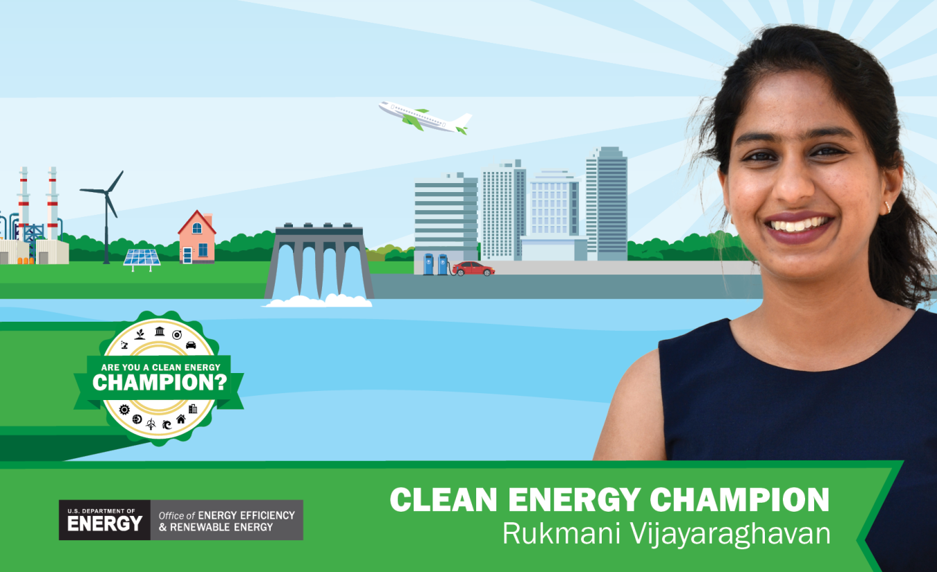 Clean Energy Champion banner featuring Rukmani Vijayaraghavan.