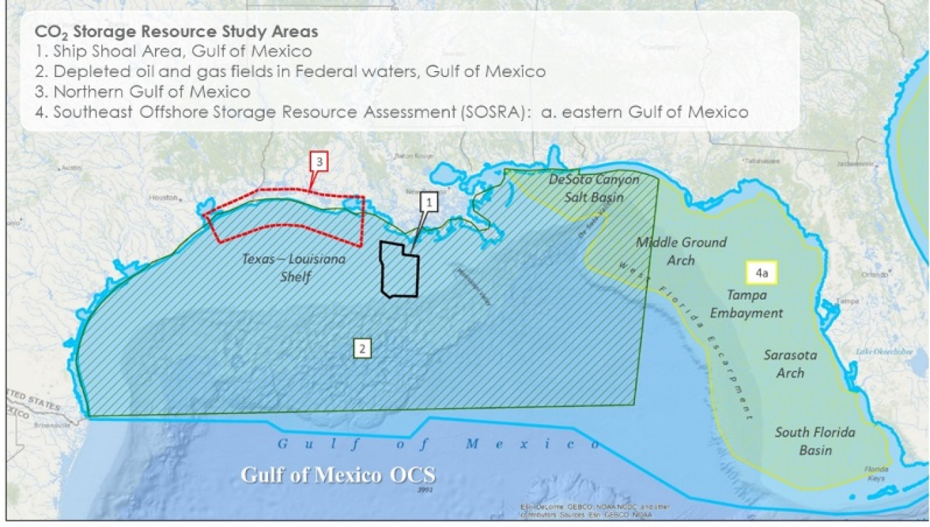 Study areas of DOE-funded projects to assess CO2 storage resource in the Gulf of Mexico