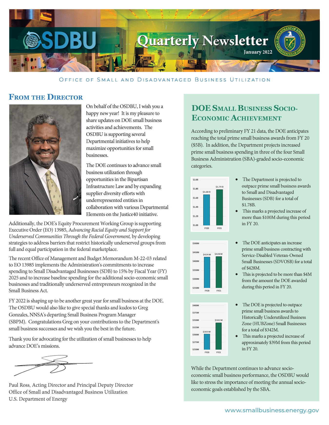 Front page of OSDBU Quarterly Newsletter Q1 FY 2022