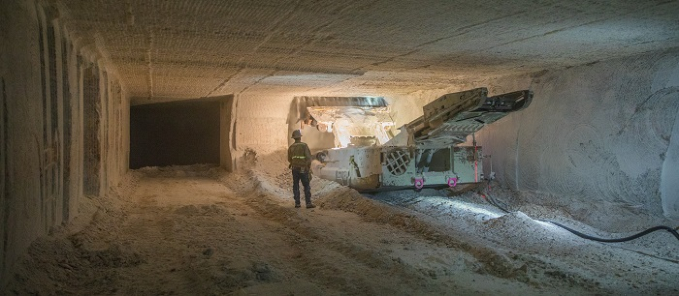 A continuous miner chews up salt rock in Panel 8 at the Waste Isolation Pilot Plant. The EM Carlsbad Field Office recently awarded Nuclear Waste Partnership, the prime contractor for the plant, a fee of almost $10.9 million following the contractor’s fiscal 2021 performance evaluation period.