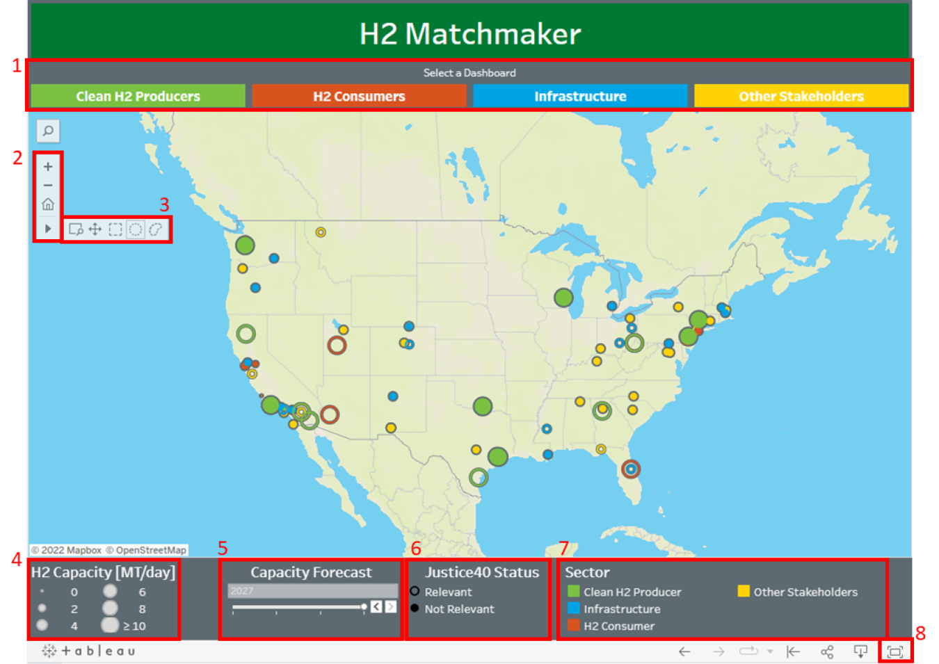 A screenshot of the H2 Matchmaker map with eight sections of the map outlined in red and numbered 1 through 8