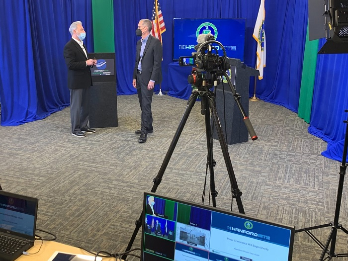 Brian Vance, manager of EM’s Office of River Protection and Richland Operations Office, right, and John Eschenberg, Washington River Protection Solutions president and CEO, talk prior to a virtual press conference on Feb. 2 announcing Hanford’s Tank-Side Cesium Removal System operations.