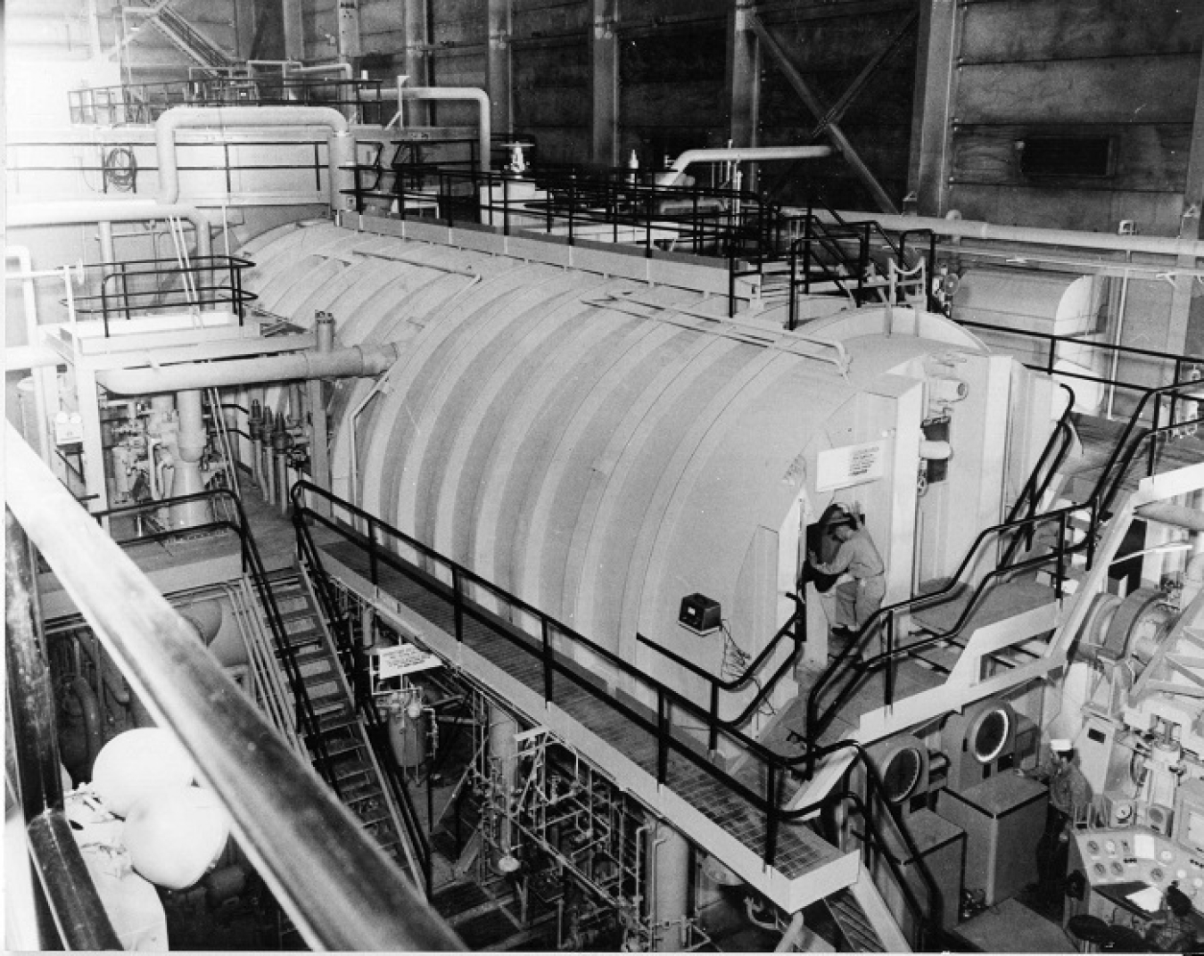 The interior of the Submarine 1st Generation Westinghouse facility located at the Naval Reactors Facility at the U.S. Department of Energy Idaho National Laboratory Site, circa mid-1950s.