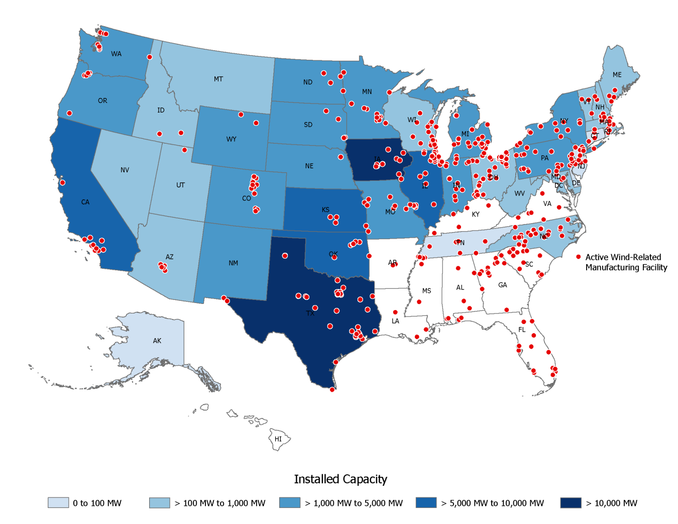 Map of wind-related manufacturing facilities in the united states.