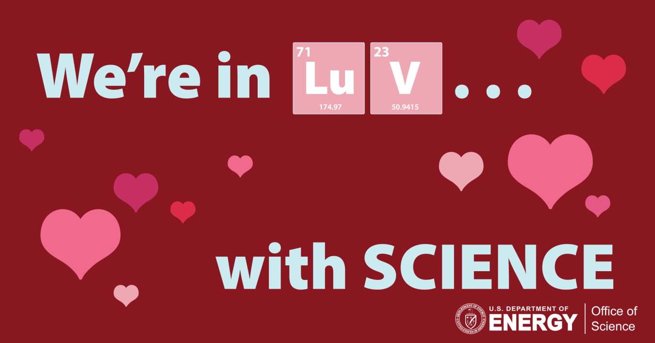 A Valentines Day Card that reads "We're in LuV with SCIENCE" with multiple heart images around the text.