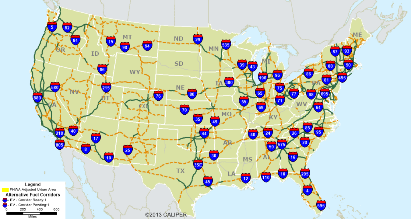 Electric Vehicle charging corridors map