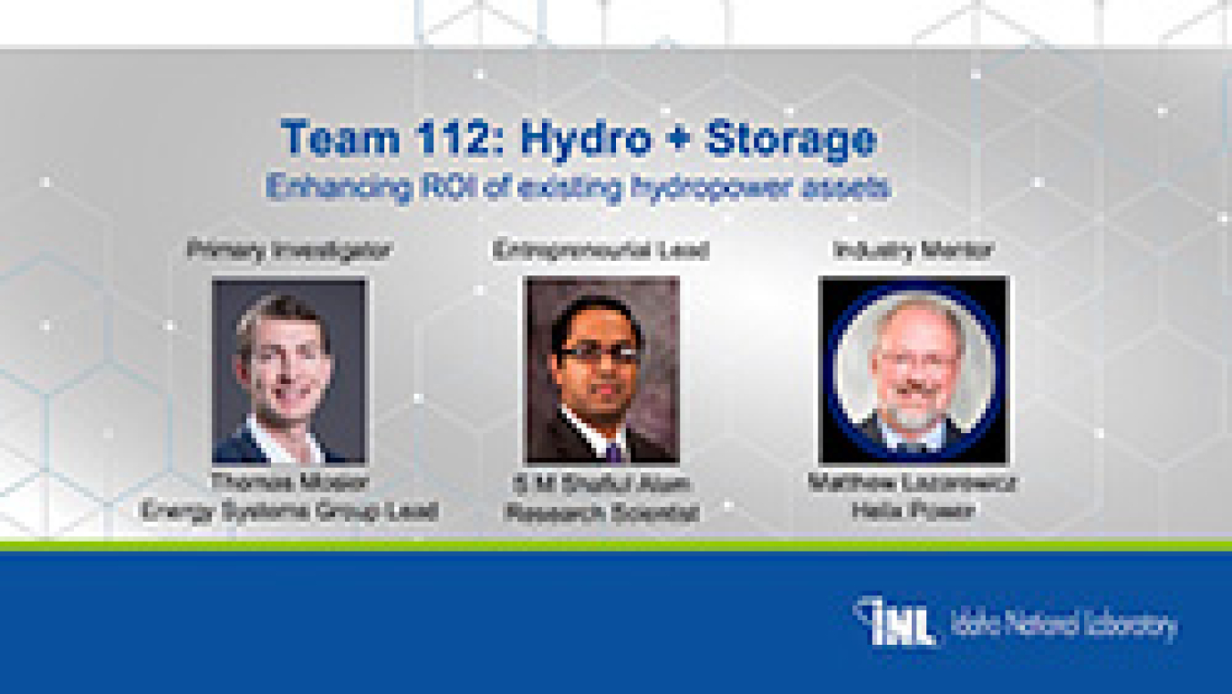 Team 112: Hydro + Storage text with three men smiling in headshots.