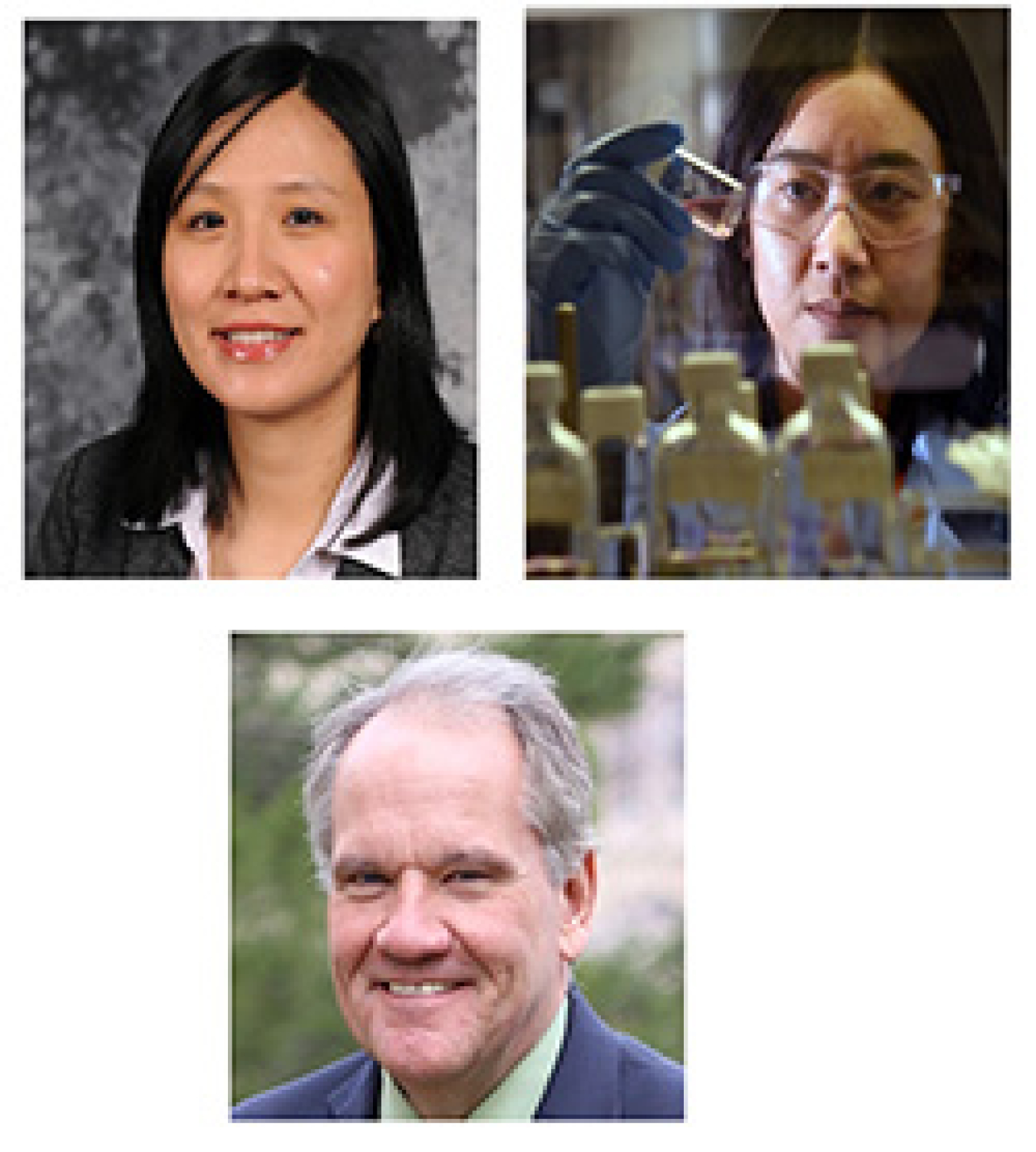 A woman smiling. A woman in a lab. A man smiling.
